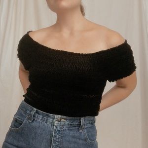 Smocked Velvet Off The Shoulder Top - Black